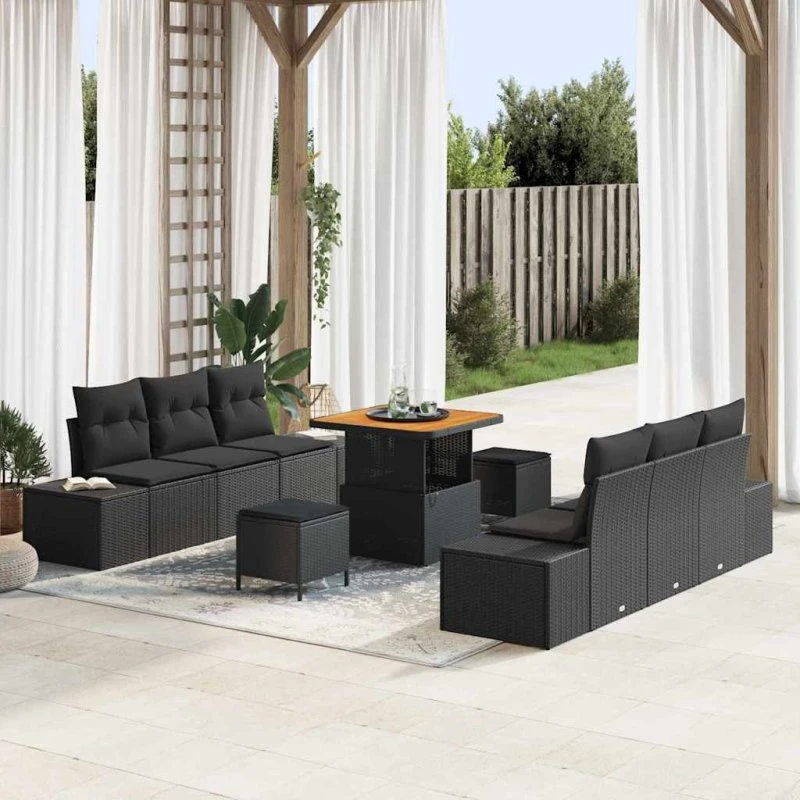 vidaXL Havesofa Sæt 9 pc Sort Poly rattan med opbevaring