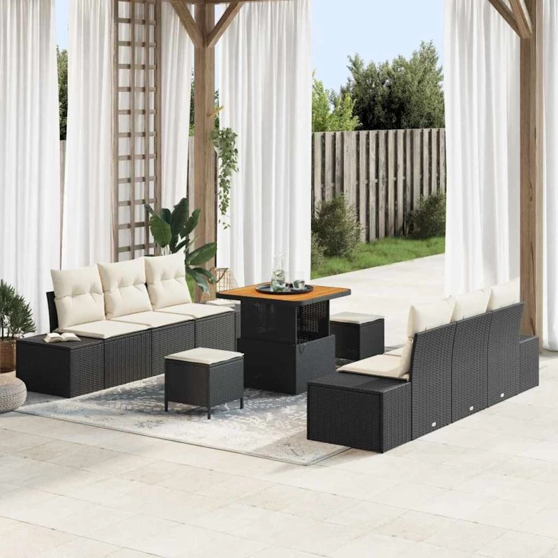 vidaXL Havesofa Sæt 9 stk Sort Poly rattan med opbevaring