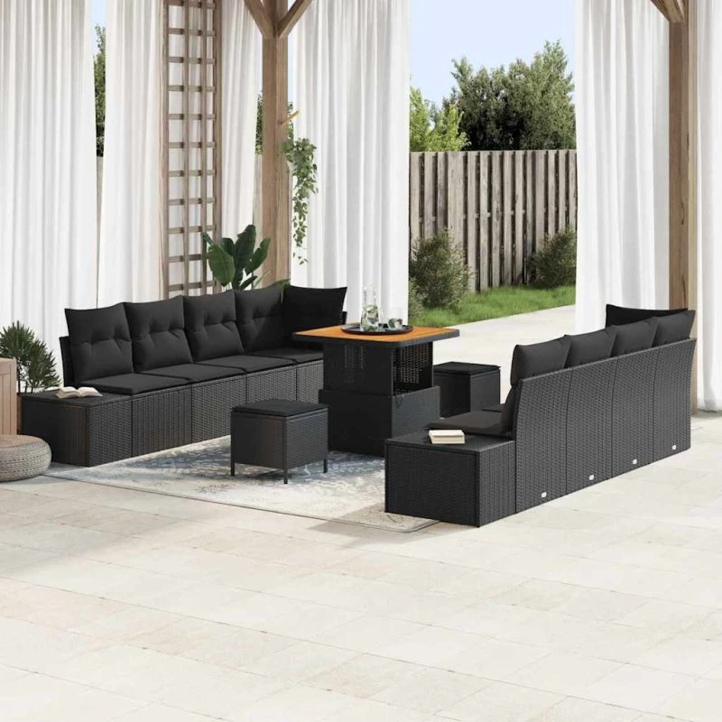 vidaXL Havesofa Sæt 11 pc Sort Poly Rattan med Opbevaring