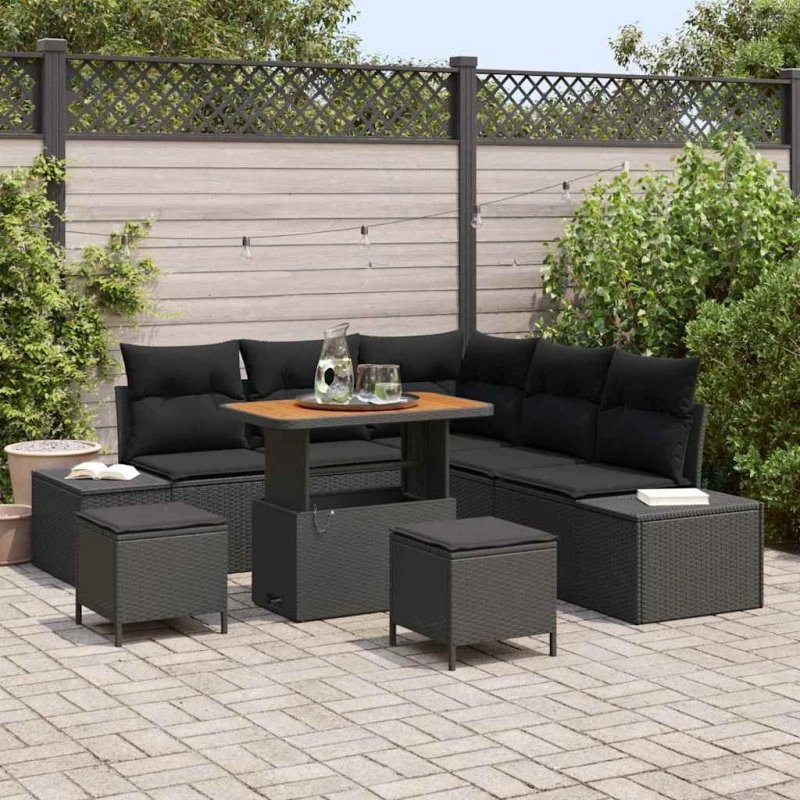 vidaXL Havesofa Sæt 8 pc Sort Poly Rattan med Opbevaring