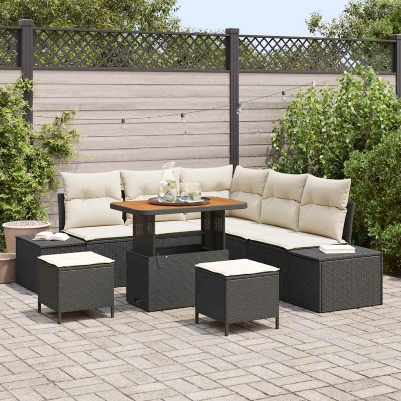 vidaXL Havesofa Sæt 8-pces Sort Poly Rattan med Opbevaring