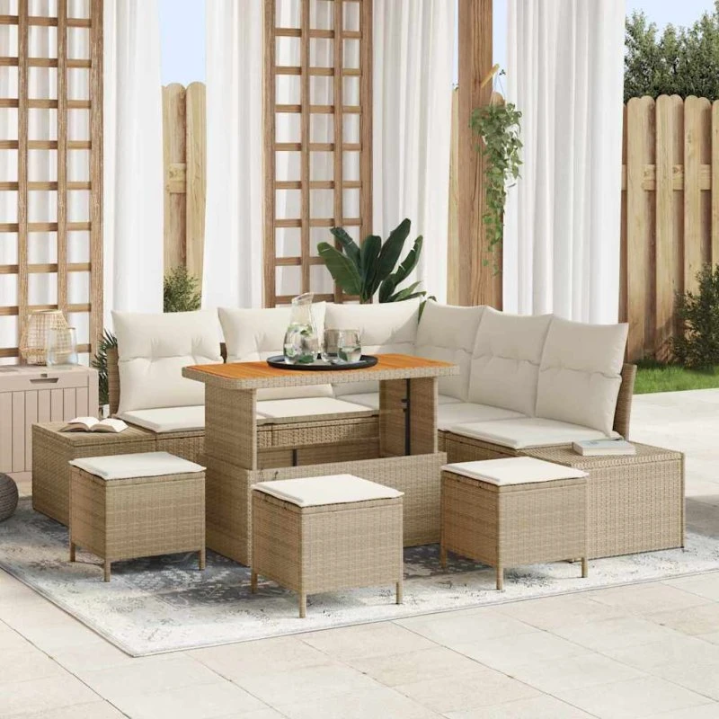 vidaXL Havesofa Sæt 9 pcs Beige Poly Rattan med Opbevaring