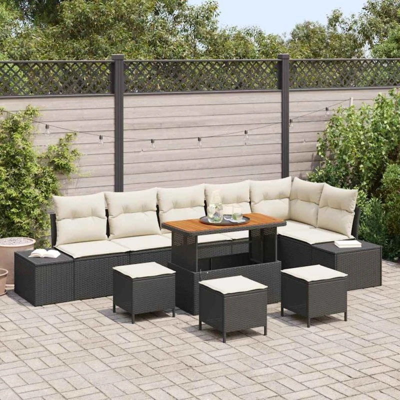 vidaXL Havesofa Sæt 10 pcs Sort Poly rattan med opbevaring