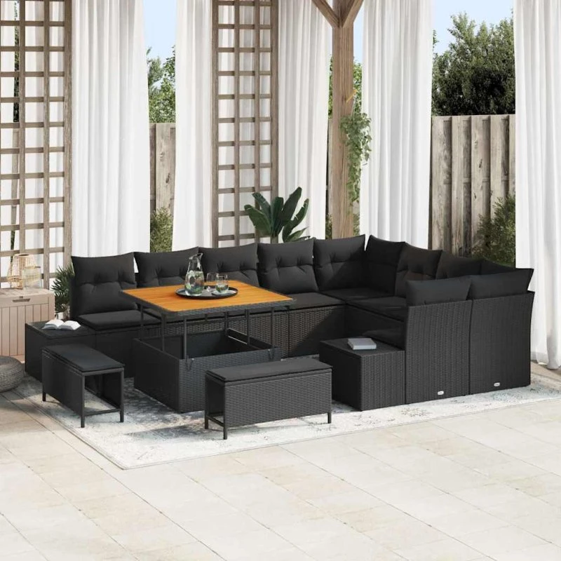 vidaXL Havesofa Sæt 12 stk Sort Poly Rattan med Opbevaring