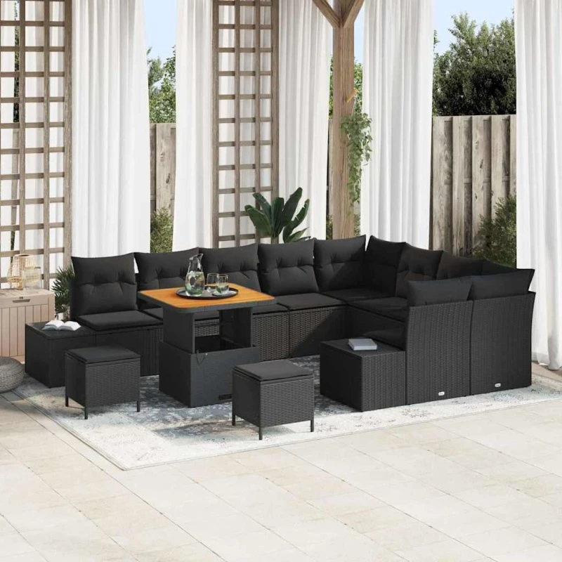 vidaXL Havesofa Sæt 12 stk Sort Poly rattan med opbevaring