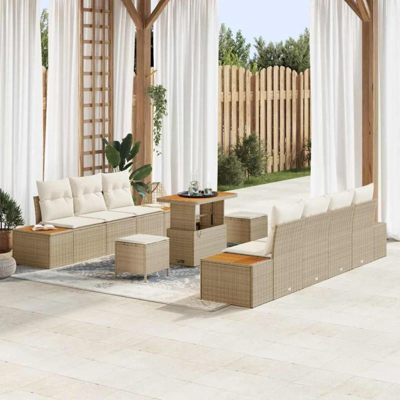 vidaXL Havesofa Sæt 10 pc Beige Poly Rattan med Opbevaring