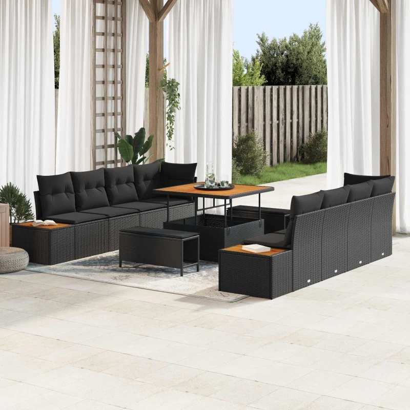 vidaXL Havesofa Sæt 11 pcs Sort Poly rattan med opbevaring