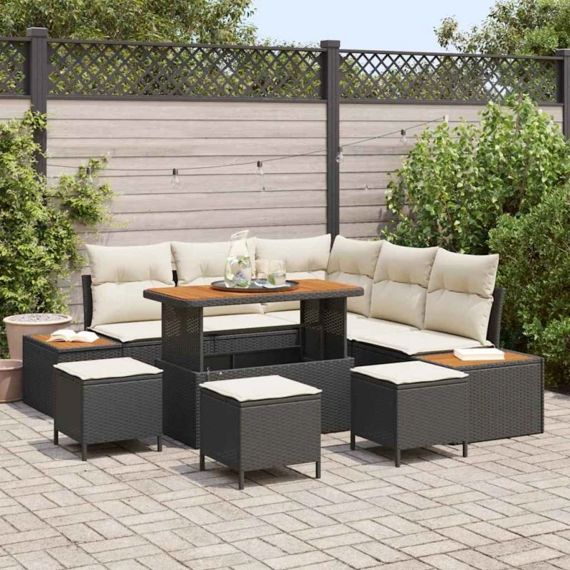 vidaXL Havesofa Sæt 9 dels Sort Poly Rattan med Opbevaring