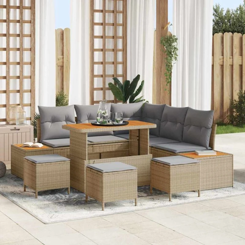 vidaXL Havesofa Sæt 9 del 9 pcs Beige Poly rattan med opbevaring