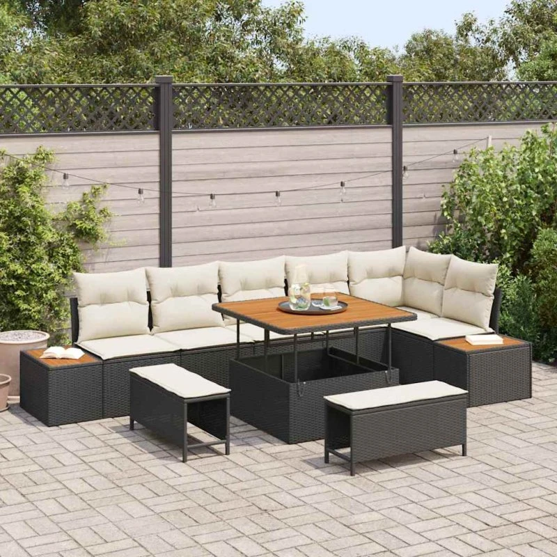 vidaXL Havesofa Sæt 9 stk Sort Poly rattan med opbevaring