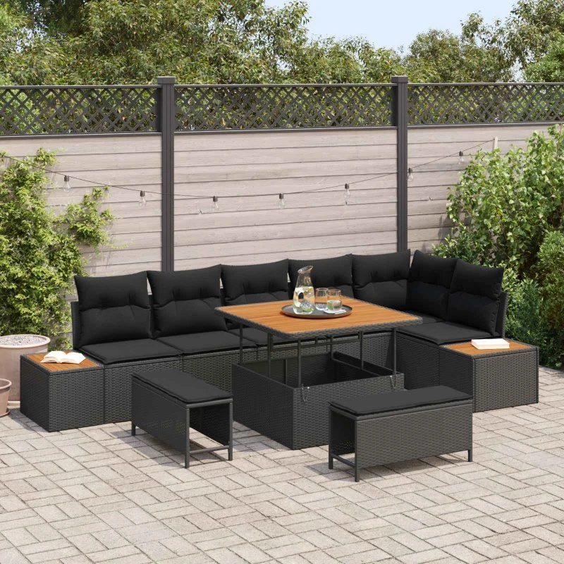 vidaXL Havesofa Sæt 9 stk Sort Poly rattan med opbevaring
