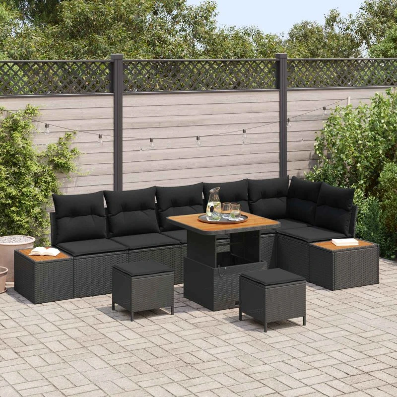 vidaXL Havesofa Sæt 9 stk Sort Poly rattan med opbevaring