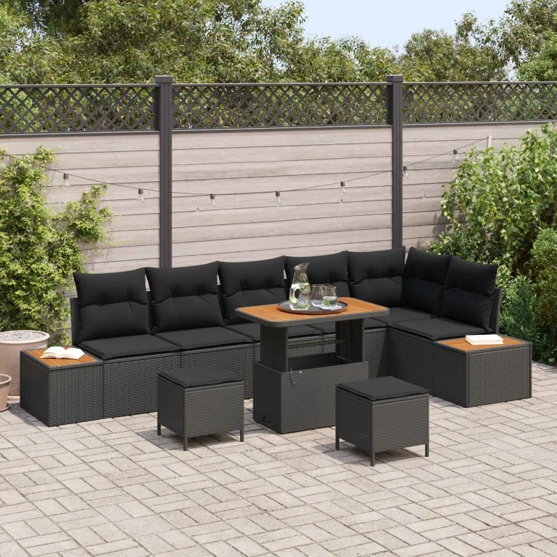 vidaXL Havesofa Sæt 9 stk Sort Poly rattan med opbevaring