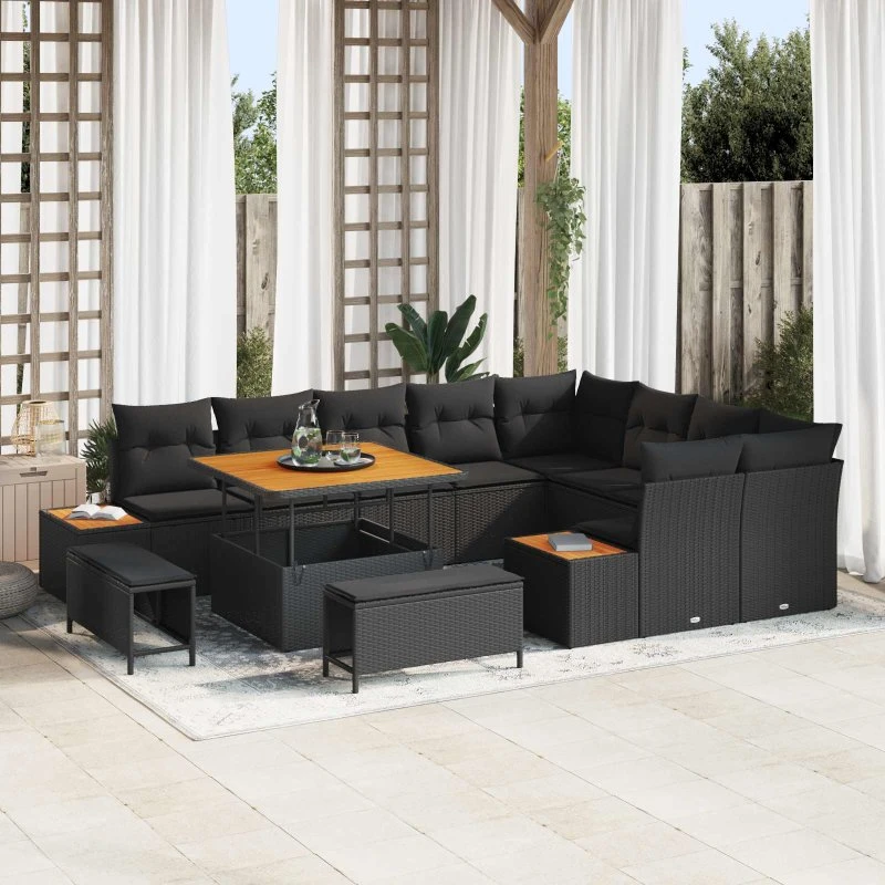 vidaXL Havesofa Sæt 12 stk Sort Poly rattan med opbevaring