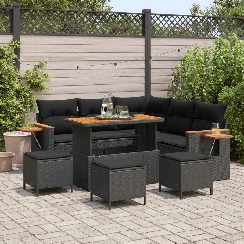 vidaXL Havesofa Sæt 10 pcs Sort Poly rattan med opbevaring