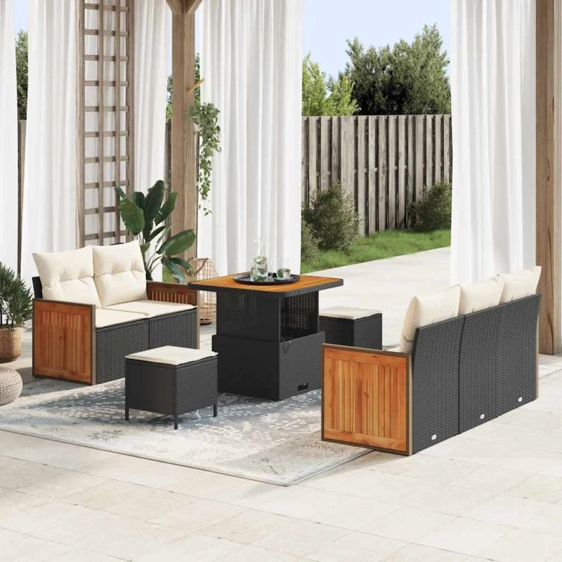 vidaXL Havesofa Sæt 10 pcs Sort & Cream Poly rattan med opbevaring