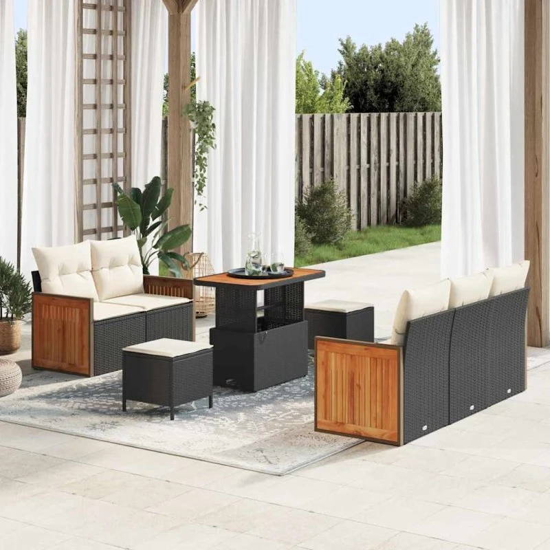 vidaXL Havesofa Sæt 10 pcs Sort & Cream Poly rattan med opbevaring