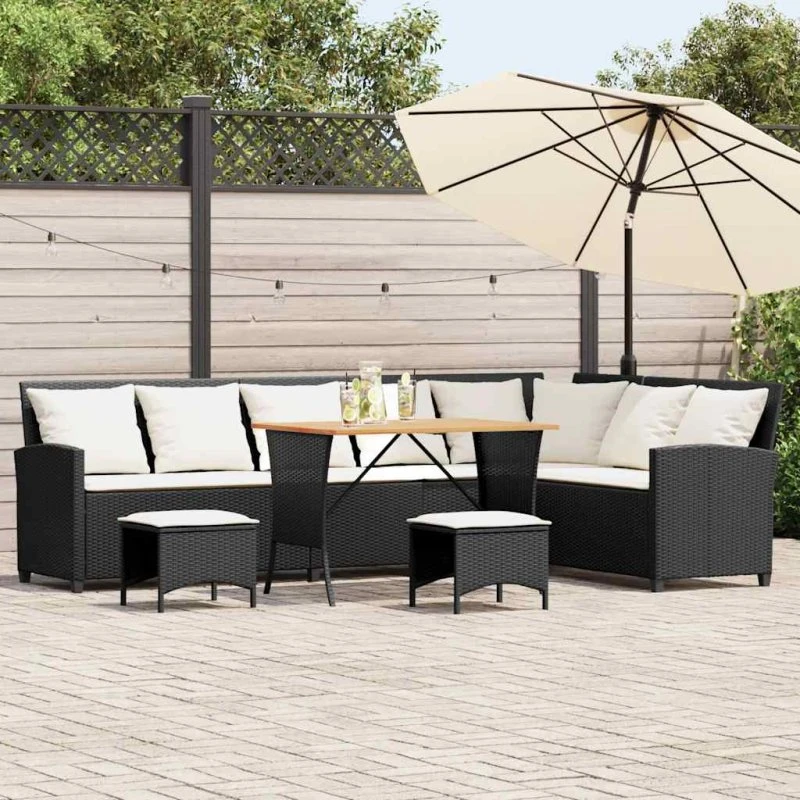 vidaXL L-formet havesofasæt 4 dele med hynder polyrattan sort
