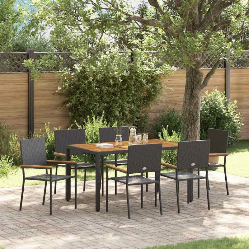 vidaXL Have Spisebordssæt 7 stk Sort PolyRattan 150x90x75 cm