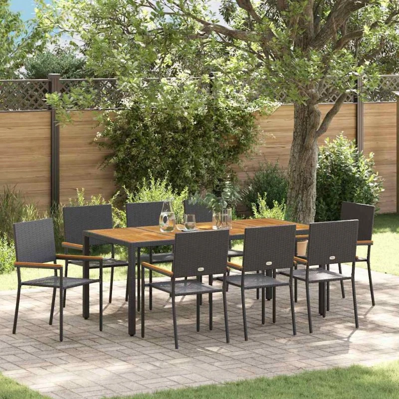 vidaXL Have Spisebordssæt 9 pcs Sort PolyRattan 190x90x75 cm
