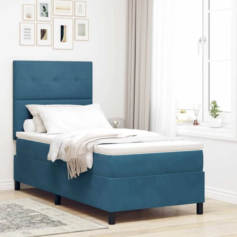 vidaXL LED Box Spring Seng Mørk Blå 90x200 cm Fløjl