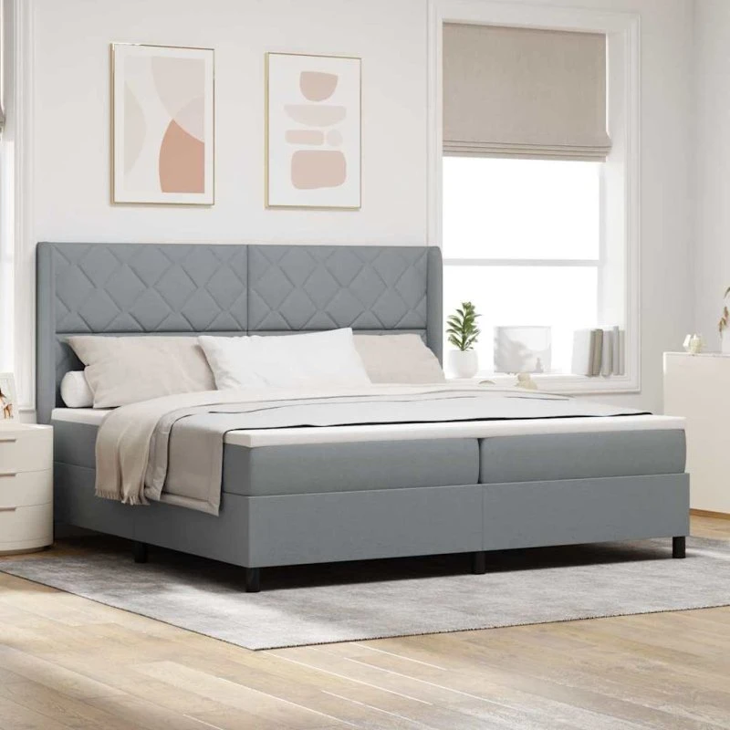 vidaXL LED Box Spring Seng Lysegrå 200x200 cm Stof