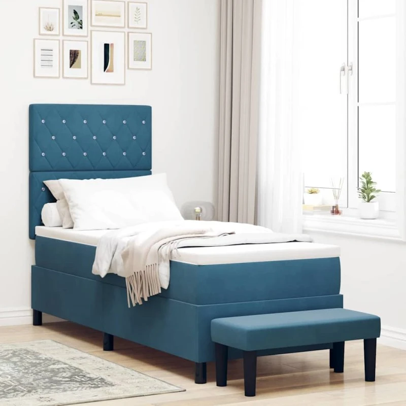 vidaXL Boxspring Seng med Fløjls Hovedgavl, Mørkeblå, 200 x 80 cm