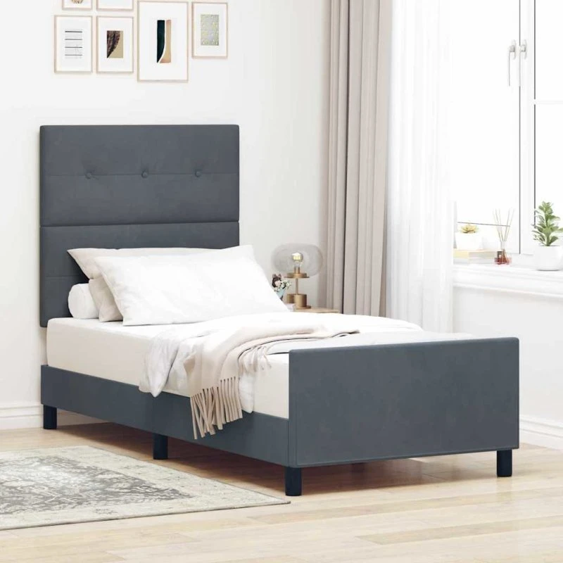 vidaXL Boxspring Seng med Hovedgærde, Mørkegrå, 90 x 200 cm, Fløjl