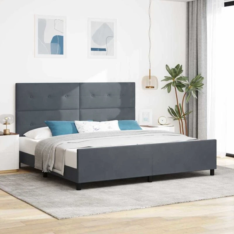 vidaXL Boxspring seng med hovedgærde, mørkegrå, 200 x 200 cm, fløjl