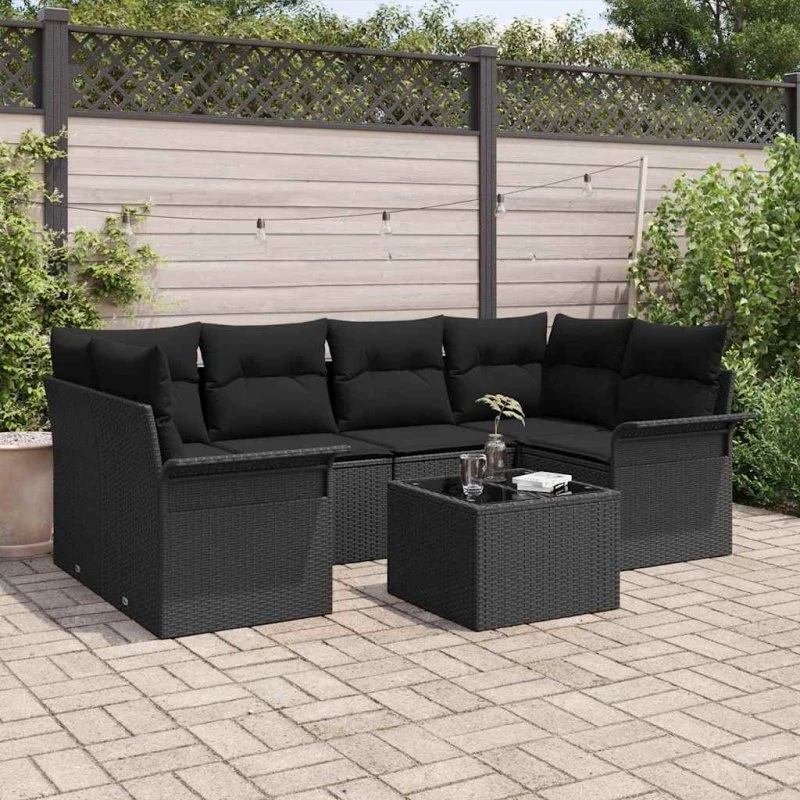vidaXL Havesofa Sæt 7 Del 55x55x37 cm Sort Polyrattan