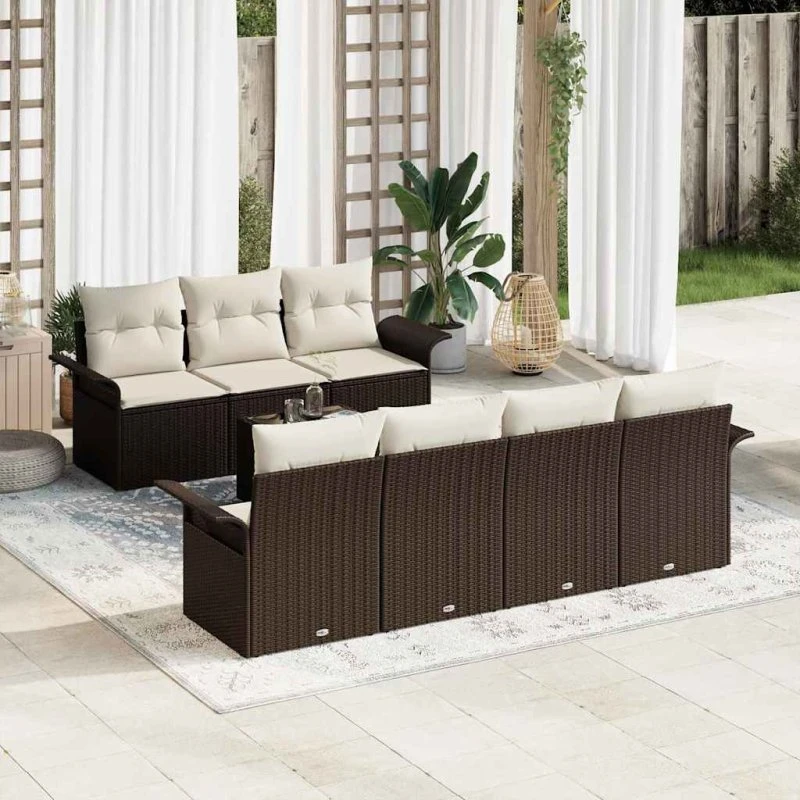 vidaXL Havesofa Sæt 8 pc Brun/Creme Poly rattan med glasbord