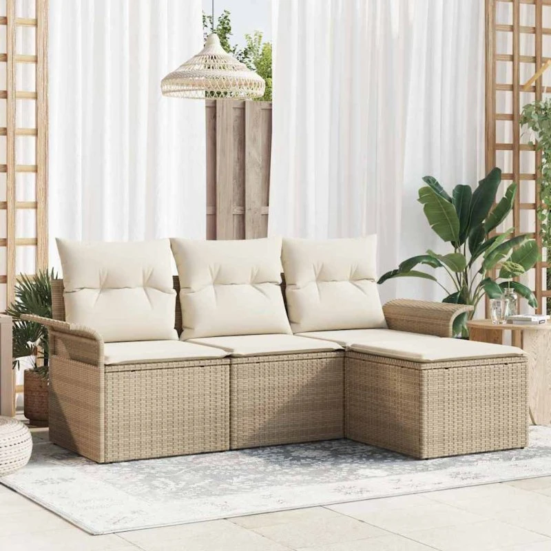 vidaXL Havesofa Sæt 4-del med pude og opbevaring, beige poly rattan