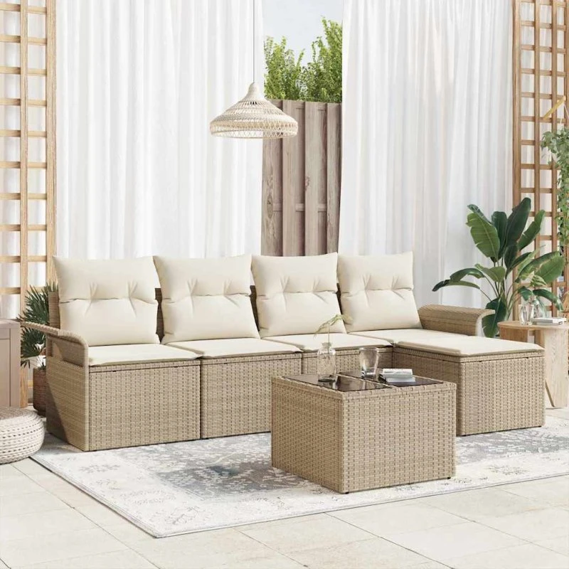 vidaXL Havesofa Sæt 6-del med pude og opbevaring, beige polyrattan