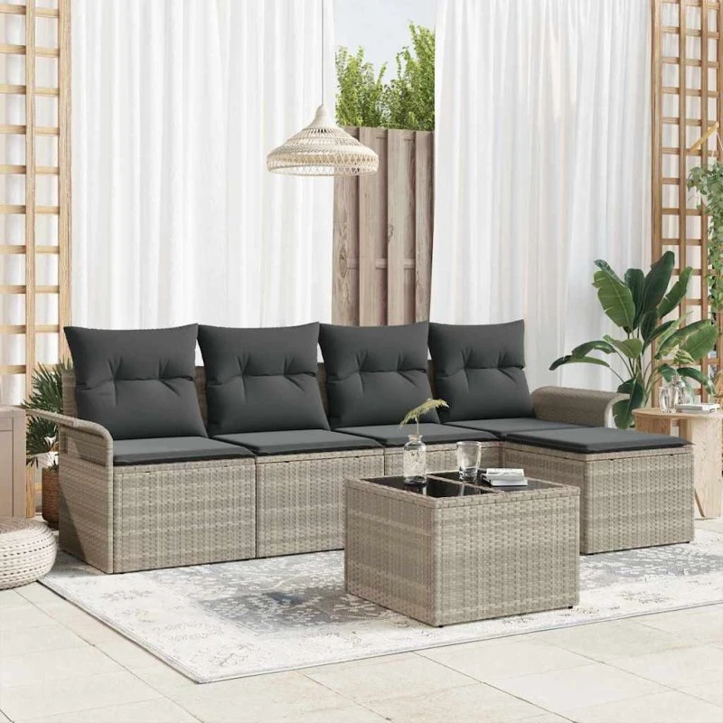 vidaXL Havesofa Sæt 6-del, Lysegrå, Poly Rattan med Opbevaring
