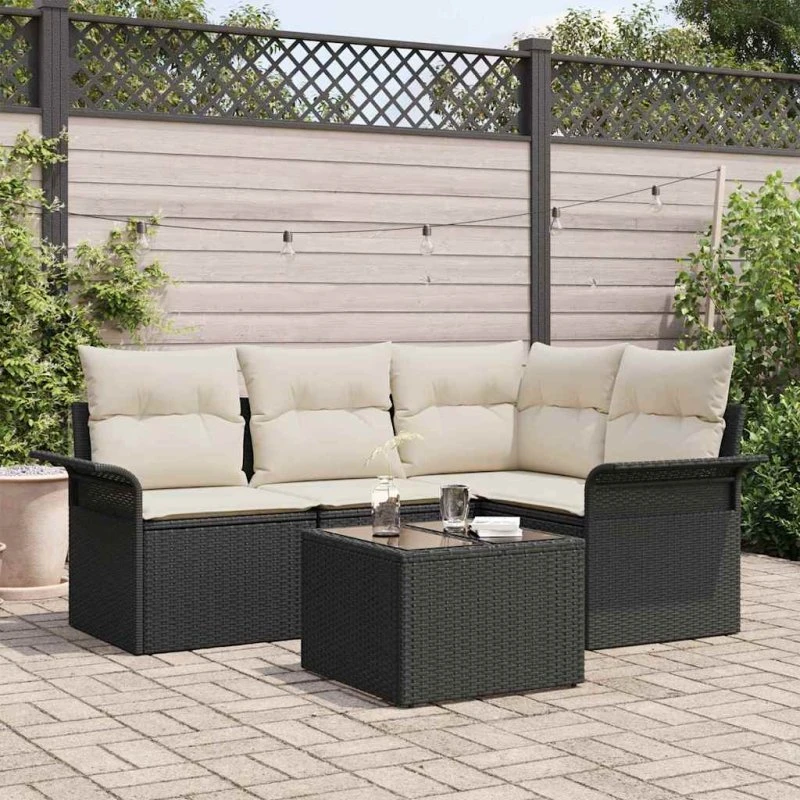 vidaXL Havesofa Sæt 5-pcs Sort Poly rattan med opbevaring