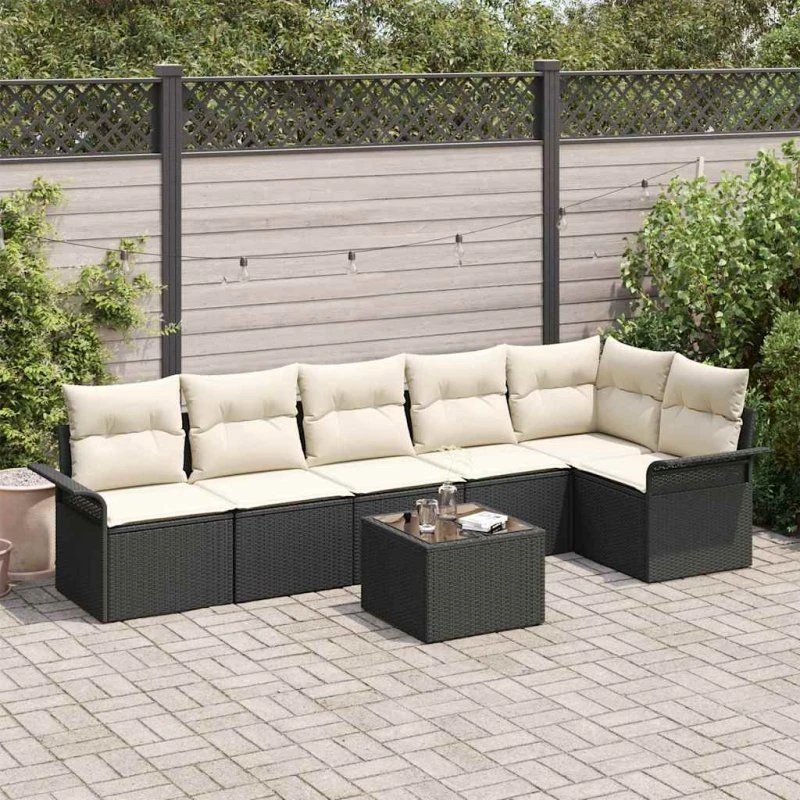 vidaXL Havesofa Sæt 7 stk Sort Poly rattan med opbevaring