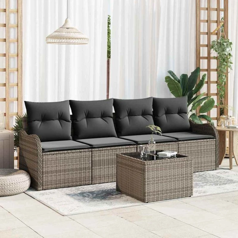vidaXL Havesofa Sæt 5-pcs Grå Polyrattan, Stål & Glas