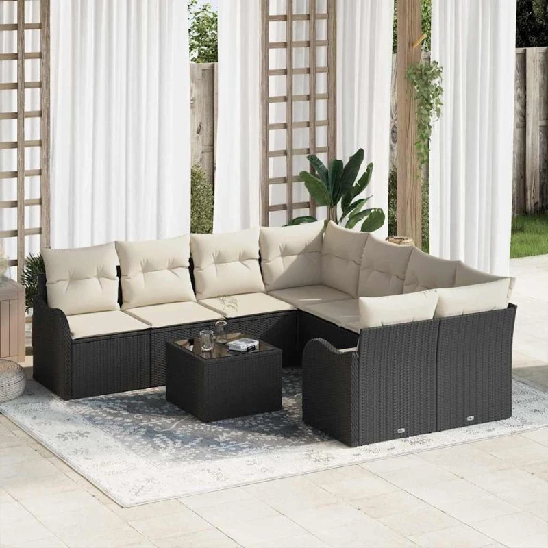vidaXL Havesofa Sæt 9 pc Sort og Cream Poly Rattan, Stål og Glas