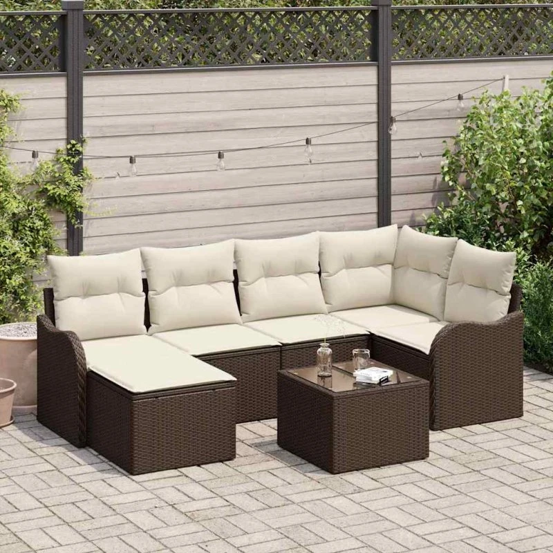 vidaXL Havesofa Sæt 7 pc Brun/Hvid Poly rattan