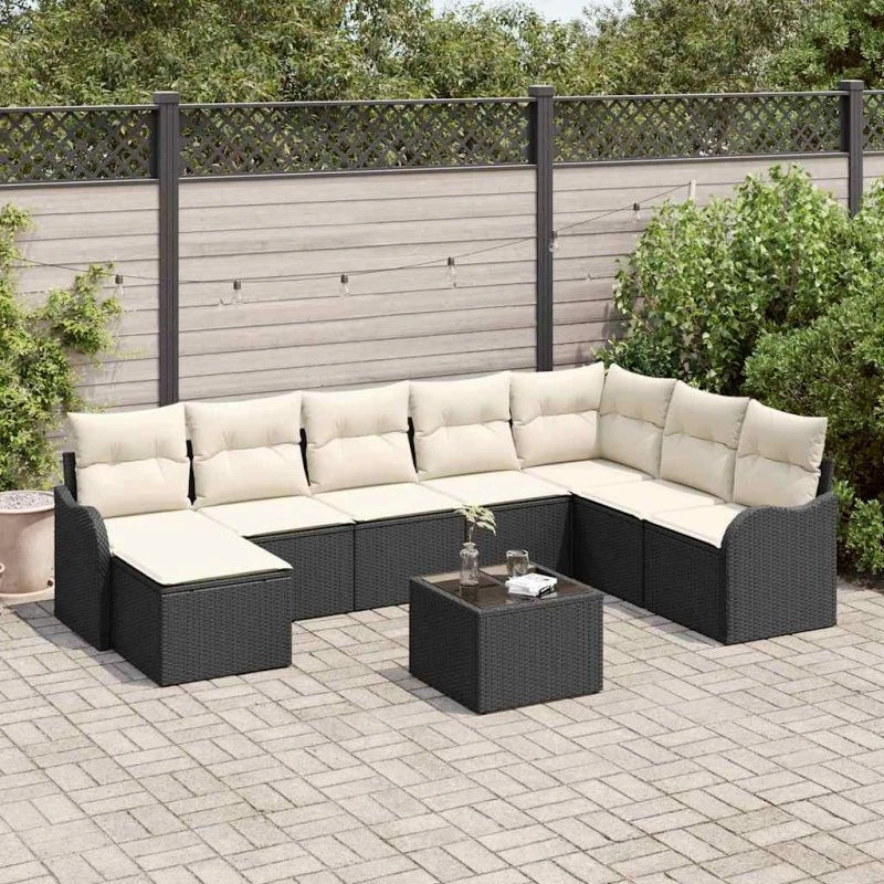 vidaXL Havesofa Sæt 9 pcs Sort/hvid Poly rattan