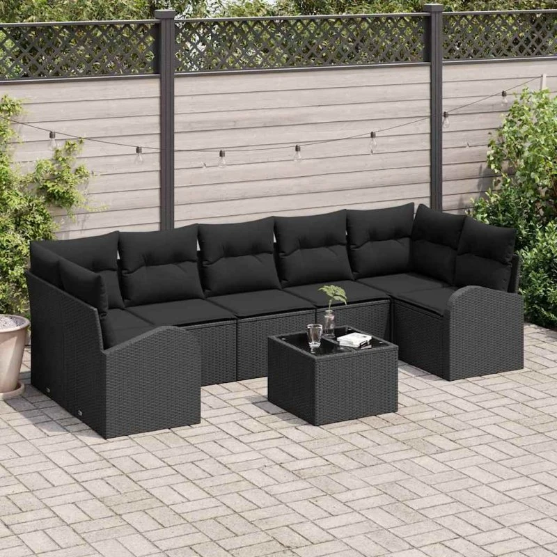 vidaXL Havesofa Sæt 8 stk med opbevaring, Sort polyrattan