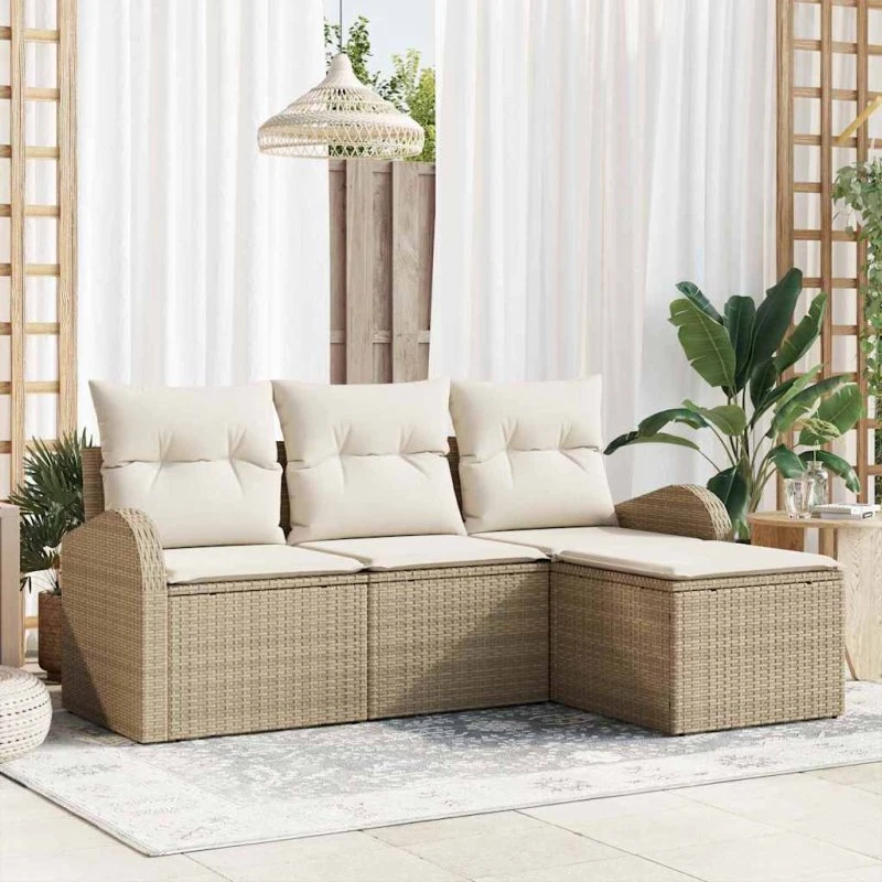 vidaXL Havesofa Sæt 4-pcs Beige/Hvid PolyRattan med Opbevaring