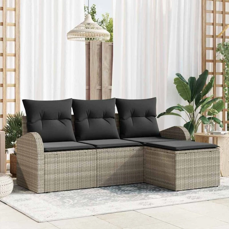 vidaXL Sofa Sæt 4-pcs Lysegrå Poly Rattan med Opbevaring