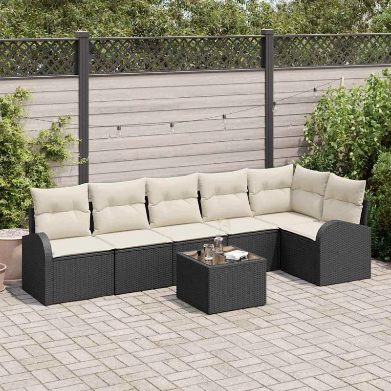 vidaXL Havesofa Sæt 7 stk Sort og Hvid Poly rattan