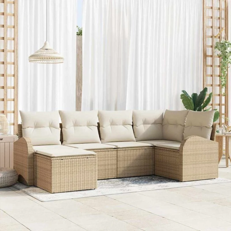 vidaXL Havesofa Sæt 6-del med pude og opbevaring, beige og hvid polyrattan