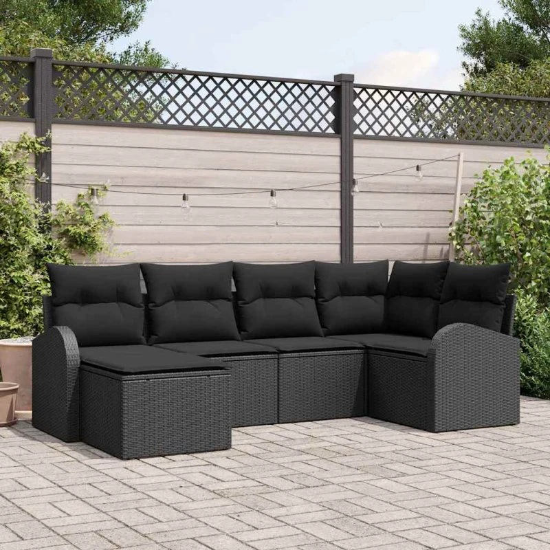 vidaXL Sofa Sæt 6-del med Pude og Opbevaring, Sort Poly rattan