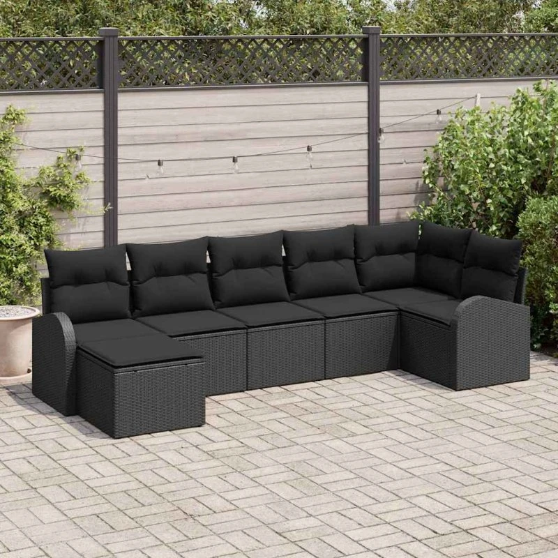 vidaXL Havesofa Sæt 7 stk Sort Poly rattan med opbevaring