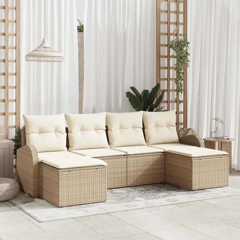 vidaXL Havemøbelssæt 6 stk med opbevaring, Beige og Hvid Poly rattan