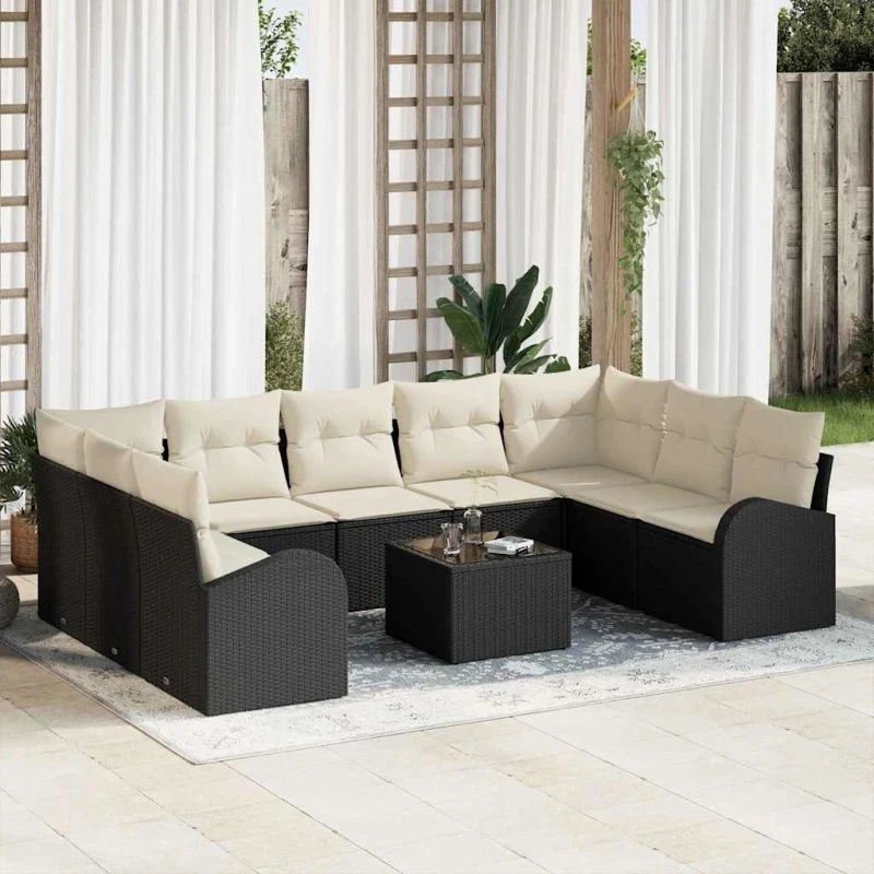 vidaXL Havesofa Sæt 10 pcs Sort og Hvid Poly Rattan