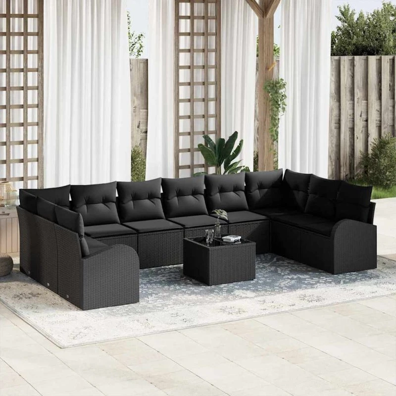 vidaXL Havesofa Sæt 11 stk Sort Poly Rattan med Opbevaring